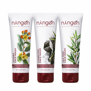 Ningen 3-in-1 Face Wash Combo – Jojoba, Charcoal & Tea Tree (3 x 100ml) - Ningen Skin Sciences Pvt. Ltd.